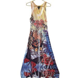 Sam & Max Jungle Print Maxi Dress L Leopard Rose Butterfly Boho Colorful
